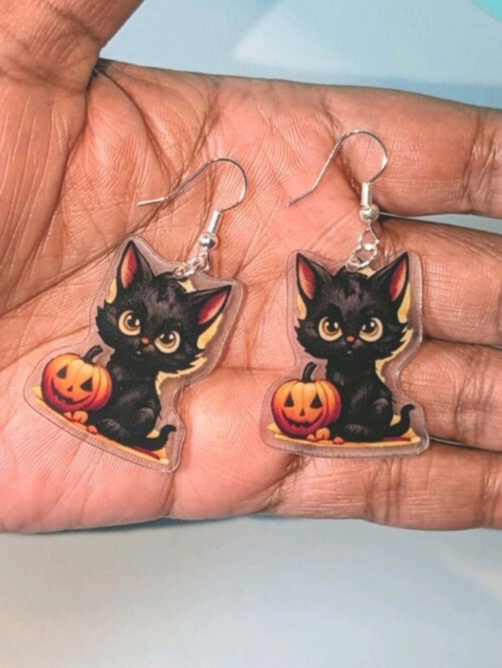 Halloween Black Cat and Pumpkin Dangle Earrings - Unbranded